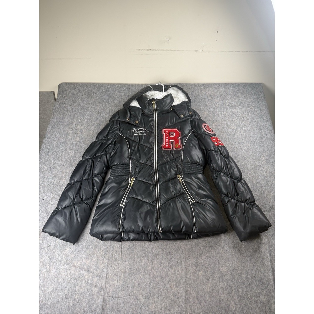 Rocawear Puffer Jacket Fur Trim Hood Black Womens Size Large Vintage 90s Y2K